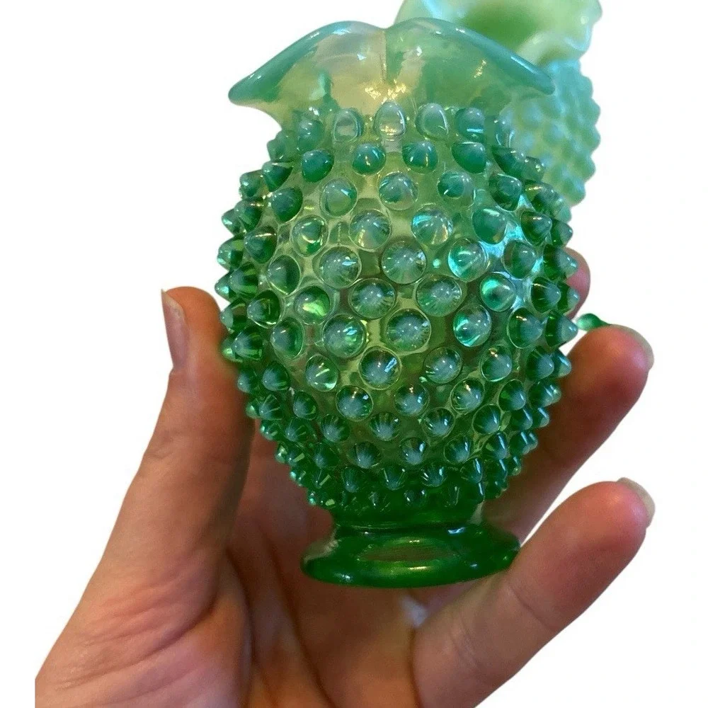 Vintage Fenton Hobnail Vaseline Uranium Glass Bud Vase Set of 3 Green Glow #07